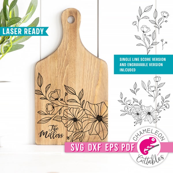 SVG, DXF, PDF, eps Flower Laser svg, Score and engrave Glowforge cutting board design, Floral svg laser file, Thunder file, Digital Design