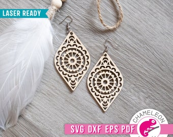 SVG, DXF, PDF, eps Mandala earrings Laser svg, Zentangle Glowforge earring design, wood cnc laser file, Thunder file, Digital Design