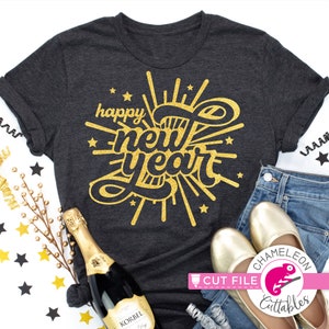 Fichier SVG de bonne année pour chemise, feux d'artifice, Saint-Sylvestre, pour machine de découpe, camée Silhouette, Cricut, conception numérique à usage Commercial