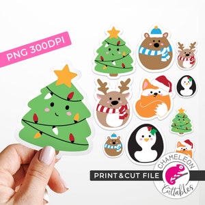 PRINT & CUT Sticker template, PNG, cute Christmas Animals, for Cricut, Silhouette Cameo, Printable File, Commercial Use Digital Design, png