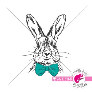 SVG, PNG, DXF, Jpeg, schizzo di un coniglietto pasquale, disegno con papillon in formato SVG e file PNG per sublimazione, design digitale per uso commerciale