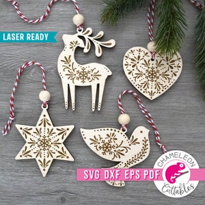 File laser per ornamenti natalizi scandinavi, design di ornamenti Glowforge, SVG di Natale nordico, design natalizio scandinavo per macchina CNC