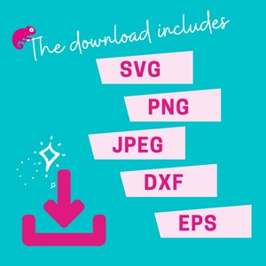 May include: A teal graphic with the text "The download includes" and a pink chameleon illustration. Below, pink banners list file types: SVG, PNG, JPEG, DXF, and EPS. A pink download icon is at the bottom.
