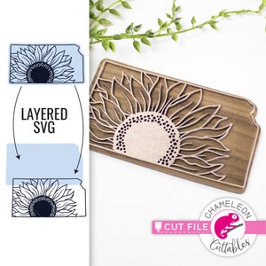 Puede incluir: Un diseño de archivo de corte SVG en capas de un girasol con la forma del estado de Kansas. El diseño se muestra sobre un fondo de madera y un fondo azul.