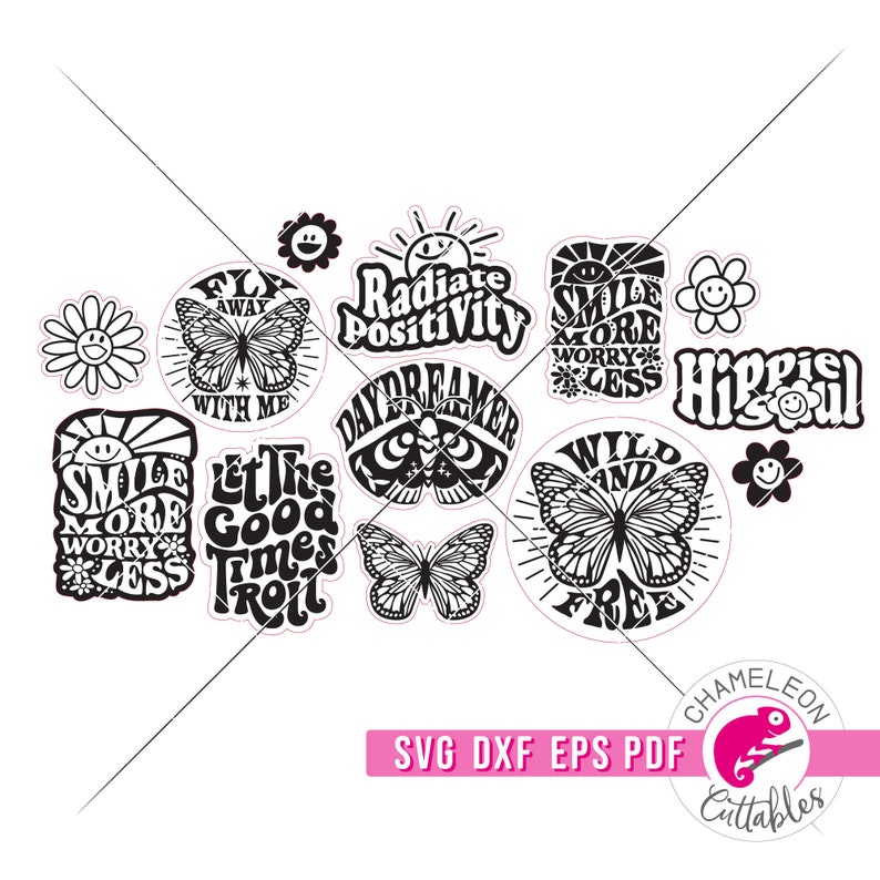 K&ouml;nnte beinhalten: Eine Sammlung von schwarz-wei&szlig;en Aufklebern mit positiven Botschaften und Schmetterlings- und Blumenmotiven. Texte beinhalten "Fly Away With Me", "Radiate Positivity", "Smile More Worry Less", "Let The Good Times Roll", "Wild and Free" und "Hippie Soul".