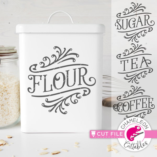 Flour, Sugar, Tea, Coffee, vintage canister, Farmhouse SVG Files, Cutting Machines, Silhouette Cameo, Cricut, Commercial Use Digital Design