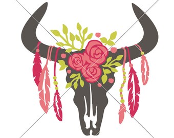 SVG, PNG, DXF, Jpeg, teschio di mucca con piume a 4 strati, fattoria di ragazze di campagna, file di taglio SVG e png per sublimazione, design digitale per uso commerciale