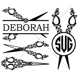 May include: Black and white graphic featuring scissors, the name "DEBORAH", and a circular emblem with the letters "SUG". The scissors have ornate, floral-inspired handles. The design is suitable for crafting or personalization.