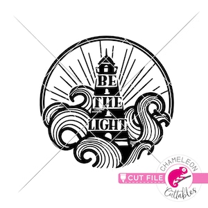 May include: Black and white silhouette of a lighthouse with waves and sun rays around it. The lighthouse has the text "Be the Light" on it.