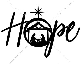 May include: Black and white silhouette of the word "Hope" with a star above a manger scene inside a circle.