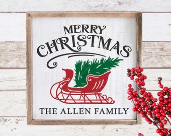 Merry Christmas Sleigh with tree square vintage for sign or glass block SVG File for Silhouette Cameo Cricut, Commercial Use Digital Design