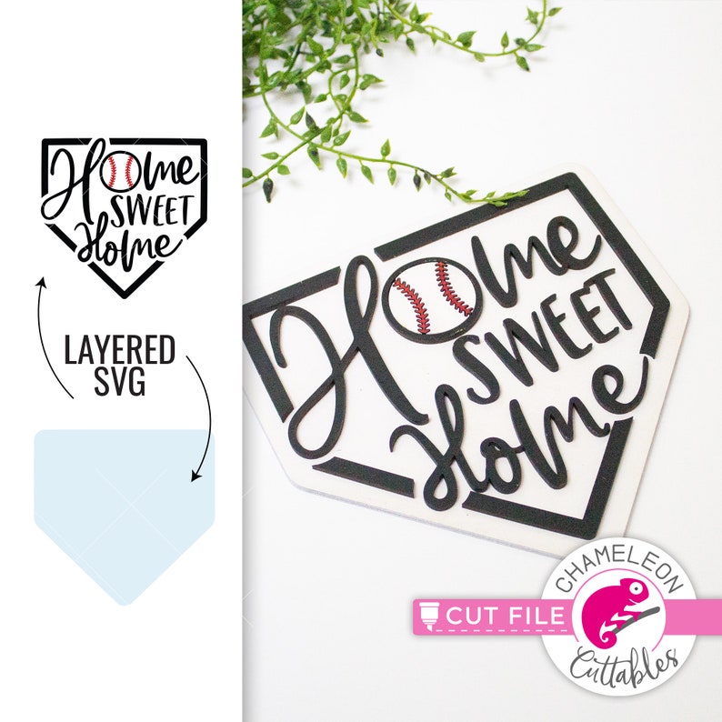 May include: Black and white layered SVG cut file design of a baseball home plate with the text "Home Sweet Home" and a baseball graphic.