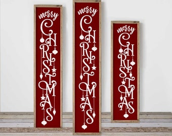 Merry Christmas with Ornaments SVG, 3 vertical files for long porch sign, front door, for Cutting Machines, Commercial Use Digital Design
