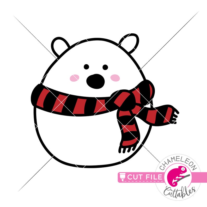 May include: A cartoon polar bear illustration with a white body, black eyes and nose, and pink cheeks. The bear wears a red and black striped scarf. The image includes the text "CUT FILE" and a logo.