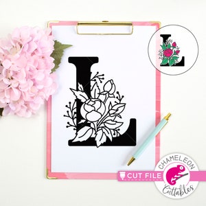 Carta de monograma floral L com flores, SVG, png, dxf, jpeg Arquivo para máquina de corte, Silhouette Cameo, Cricut, Design digital de uso comercial