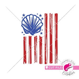 May include: A red, white, and blue American flag design with a blue seashell in the top left corner. The flag is made up of vertical stripes with a distressed look. The seashell has a white outline and is surrounded by white stars.