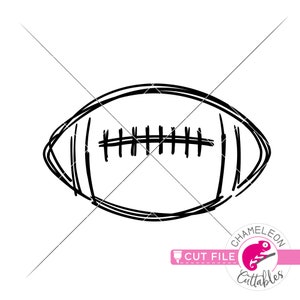 May include: A black and white hand-drawn football illustration. The football is oval-shaped with stitched details and a scribbled outline. The image includes the text "CUT FILE" and a logo with a pink chameleon.