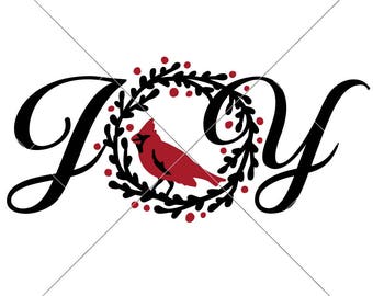 Joy Christmas Wreath with Cardinal SVG eps dxf Files for Cutting Machines like Silhouette Cameo and Cricut, Commercial Use Digital Design