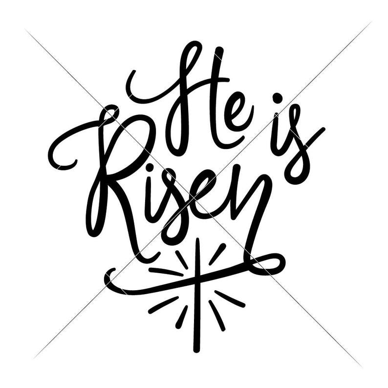 May include: Black and white graphic with the words "He is Risen" in a cursive font. The design includes a stylized sunburst element below the text, suitable for Easter-themed products.