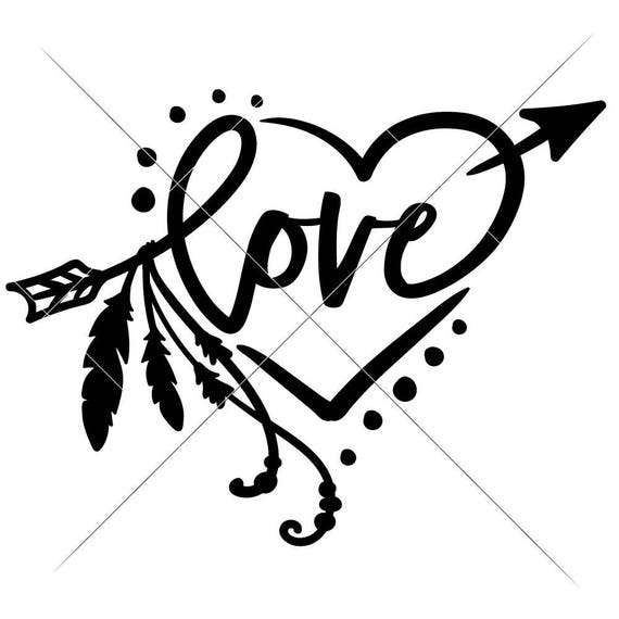 Download Love Arrow With Feathers And Heart Svg Eps Dxf Files For Etsy