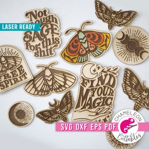 SVG, DXF, pdf, eps Mystieke maan hout sticker svg bundel voor lasersnijder, Glowforge-ontwerp, cnc-laserbestand, Thunder-bestand, digitaal ontwerp