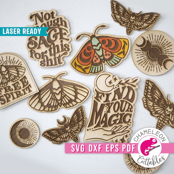 SVG, DXF, pdf, eps Mystical Moon Wood Sticker svg Bundle for Laser cutter, Glowforge design, cnc laser file, Thunder file, Digital Design