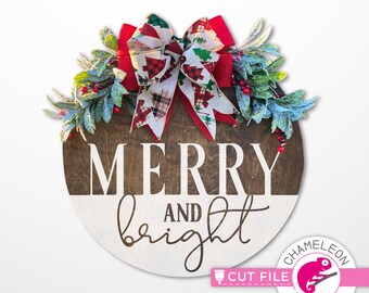 Merry and bright Christmas round design, for circle wood sign SVG, dxf, png, file, Silhouette Cameo, Cricut, Commercial Use Digital Design