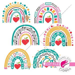 Paquete SVG de arcoíris escolares, SVG de arcoíris para profesores, matemáticas, arte, educación física, ciencias, música, lectura, PNG, DXF, archivo para uso comercial, descarga digital