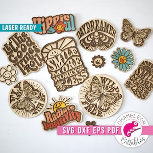 SVG, DXF, pdf, eps Retro Hippie Wood Sticker svg Pakiet do plotera laserowego, projekt Glowforge, plik lasera CNC, plik Thunder, projekt cyfrowy