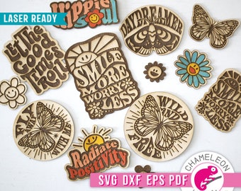 SVG, DXF, pdf, eps Retro Hippie Wood Sticker svg Bundle for Laser cutter, Glowforge design, cnc laser file, Thunder file, Digital Design