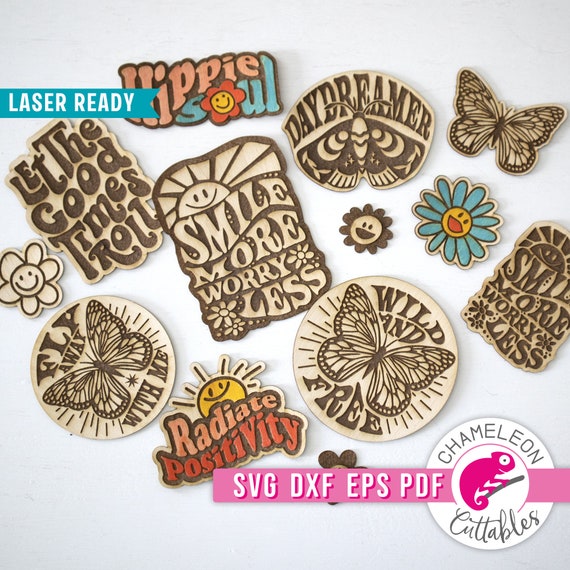 Laser Ready Wood sticker design for cnc machines, Wood sticker file for Glowforge, Wood sticker svg bundle, Hippie laser design, Laser files