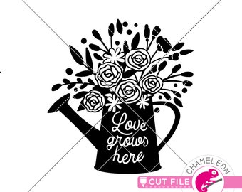 Love grows here Watering Can with Flowers SVG, dxf, png, Files for Cutting Machine, Silhouette Cameo, Cricut, Commercial Use Digital Design