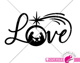 May include: Black and white cut file design featuring the word "Love" in a script font. The letter "O" in "Love" contains a silhouette of the nativity scene. A star and comet tail are also included in the design.