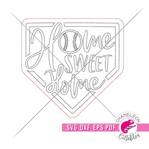 May include: Black and white line art design of a baseball home plate with the text "Home Sweet Home" and a baseball inside the home plate.