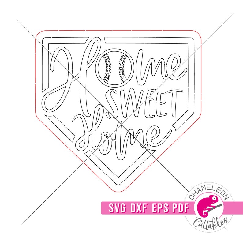 May include: Black and white line art design of a baseball home plate with the text "Home Sweet Home" and a baseball inside the home plate.
