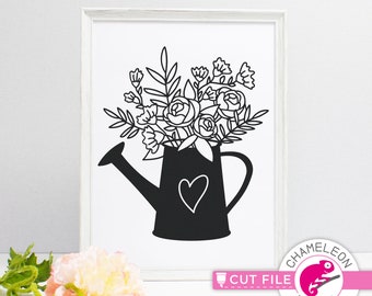 Watering Can with Flowers and Heart, hand drawn SVG, Files for Cutting Machine, Silhouette Cameo, Cricut, Commercial Use Digital Design
