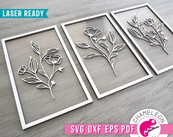 SVG, DXF, PDF, eps Framed Flower Laser svg Bundle, Glowforge flower sign design, Floral sign svg laser file, Thunder file, Digital Design