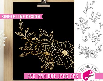 May include: A single line design of a floral bouquet with gold flowers and leaves on a black background. The text "SINGLE LINE DESIGN" is at the top of the image. The text "SVG PNG DXF JPEG EPS" is at the bottom of the image.