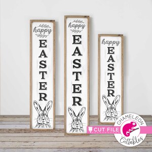 May include: Three wooden signs with the text "happy easter" and a bunny rabbit illustration. The signs are in black and white and have a rustic woodgrain background.