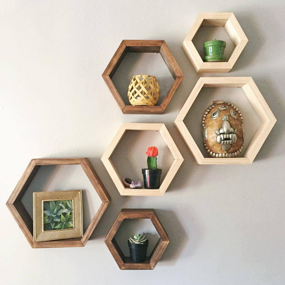 Custom Hexagon Wooden Shelves stained Etsy
