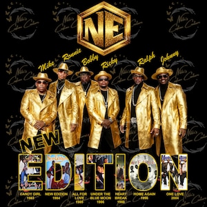 May include: A promotional image featuring the musical group New Edition. The group members are dressed in gold-colored trench coats and hats. The image includes the band's logo and album covers, with the text "NEW EDITION" prominently displayed.