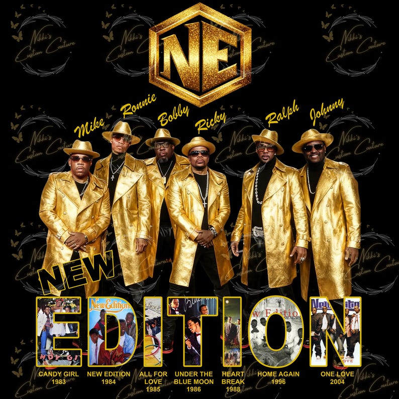 May include: A promotional image featuring the musical group New Edition. The group members are dressed in gold-colored trench coats and hats. The image includes the band's logo and album covers, with the text "NEW EDITION" prominently displayed.