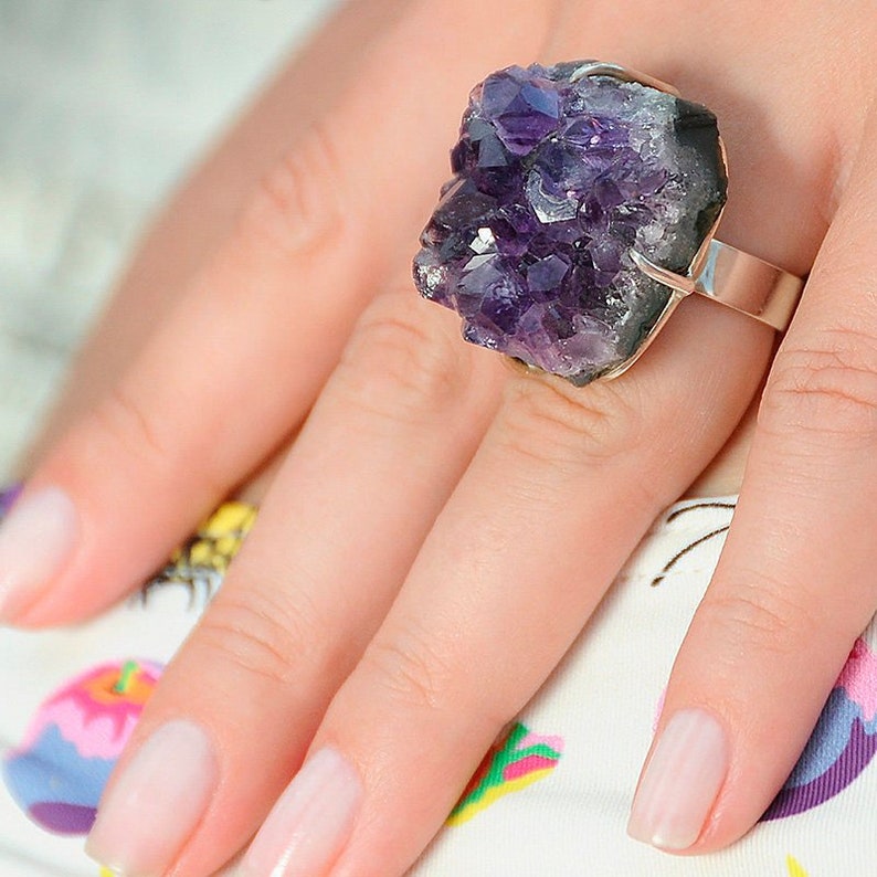 Raw Amethyst Ring Raw Crystal Ring Druzy Stone Ring Raw Stone Etsy
