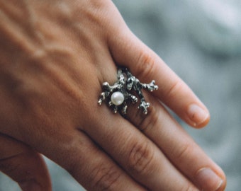Silver White Pearl Ring jewelry, Handmade 925 sterling Silver Ring, Statement Coral shaped Engagement Woman Ring, Jewellery Gift For Her