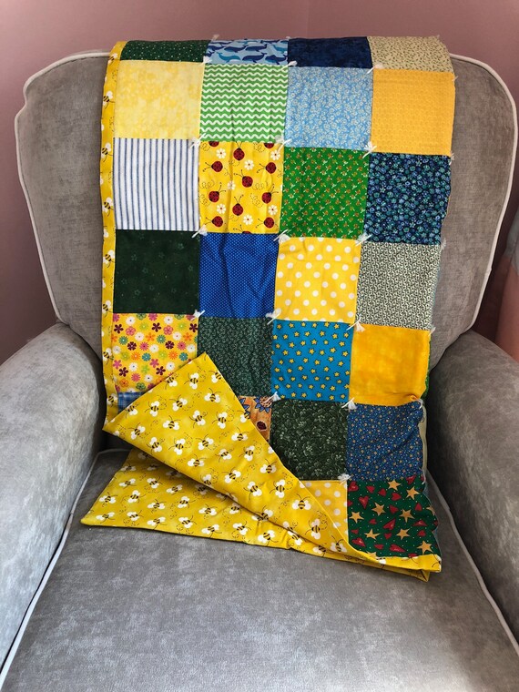 Patchwork Baby Quilt, Yellow Blue Green Nursery Blanket, Handmade