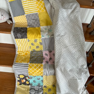 Baby Quilt, Baby Boy Quilt, Baby Girl Quilt, Tummy Time Quilt, Gray Yellow Nursery Blanket, Bedding, Gender Neutral Blanket