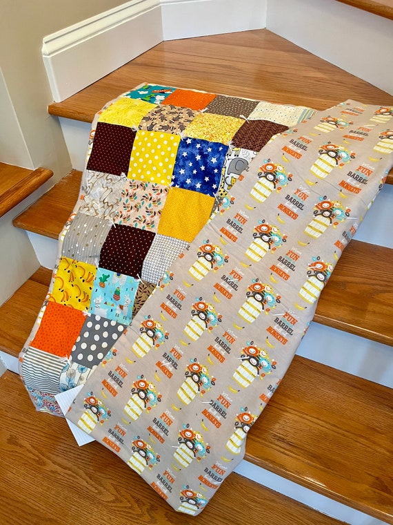 Patchwork Baby Quilt, Yellow Nursery Blanket, Monkey Backing - Etsy