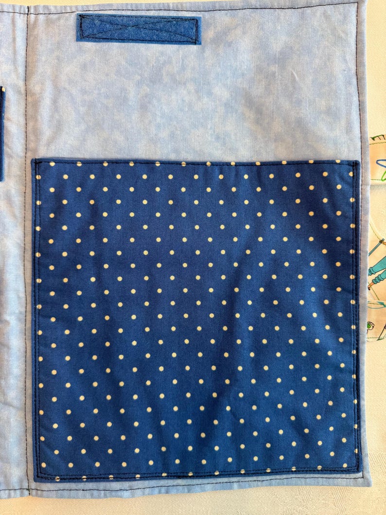 May include: A light blue fabric organizer featuring a large, dark blue rectangular pocket with a white polka dot pattern. The organizer includes a rectangular hook-and-loop fastener strip at the top and a smaller vertical pocket on the left side.