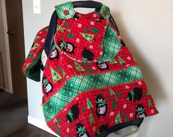 Infant Christmas Yogi Bear in Plaid Car Seat Carrier Canopy With Matching Burp Cloth!