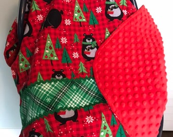 Bébé Christmas Yogi Bear in Plaid Car Seat Carrier Canopy With Matching Contoured Burp Cloth!